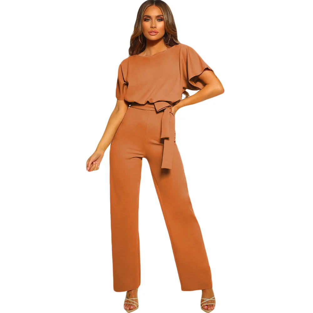 

European and American women's high waist wide leg pants 2021 new solid color round neck short sleeve lace-up jumpsuit women