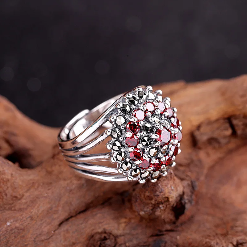 

S925 Sterling Silver Ornament Women's Thai Silver Vintage Open Pomegranate Ring