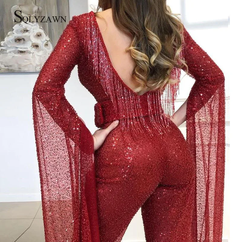 Sexy Deep V Neck Tassels Mesh Wide Leg Palazzo Pants Jumpsuit Ladies Vintage Backless Glitter Dots Wine Red Romper Party Overall |