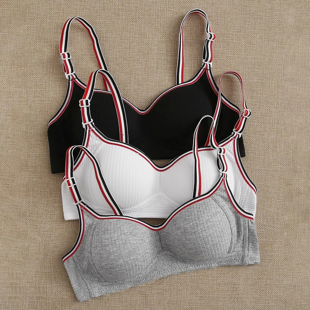 

Simple 3-pack Top Rib Stripe Trim Fashion Bralette Wireless Women's Underwear Bra Set