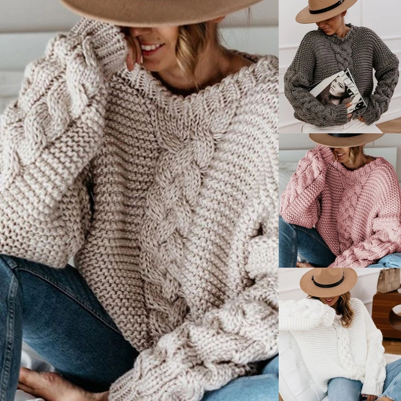 

Women Winter Long Sleeve V-Neck Sweater Chunky Cable Knit Solid Color Jumper Top M5TE