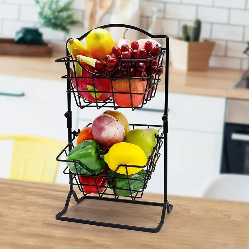

2 Tier Fruit Basket Metal Carbon Steel Basket Hanging Kitchen Storage Basket on Countertop for Kitchen or Bathroom