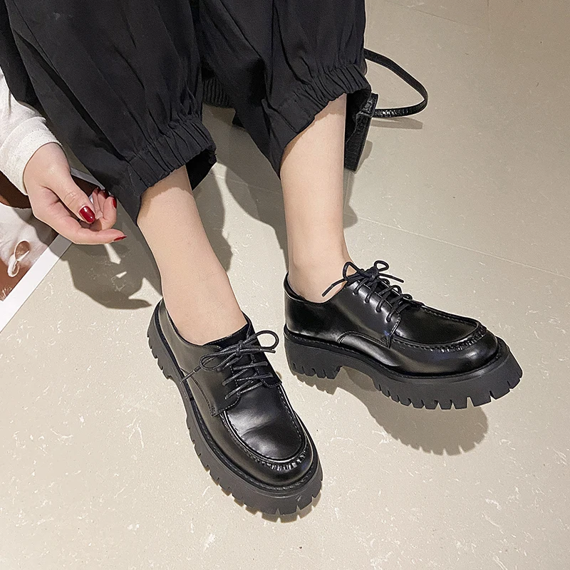 

Osunlina Woman's Flats Round Toe Thick Bottom Lace Up Genuine Leather Elegant High Quality Handmade Casual Platform Shoes A239