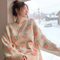 female sweater knitted 2021 autumn korean fashion strawberry long sleeve jumper women sweet o neck loose pullovers