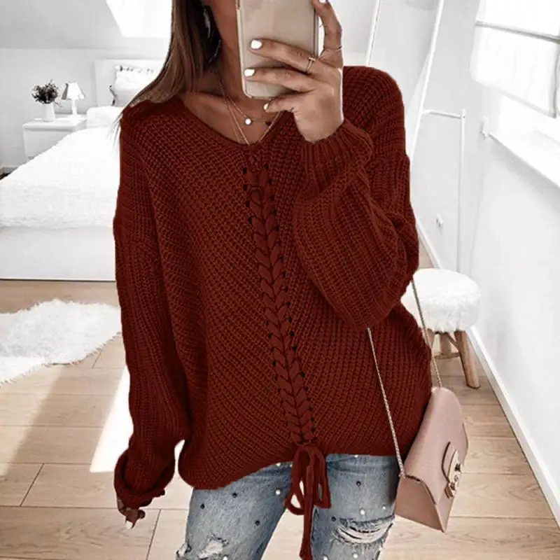 

Women knitted criss-cross oversized sweater Long sleeve v neck plus size sweater Pink gray burgundy solid pullover