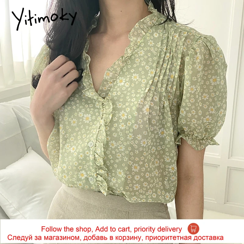 

Yitimoky Puff Sleeve V-Neck Print Fashion Womens Tops 2021 Summer Korean Single Breasted Chiffon Casual Office Lady Blouse