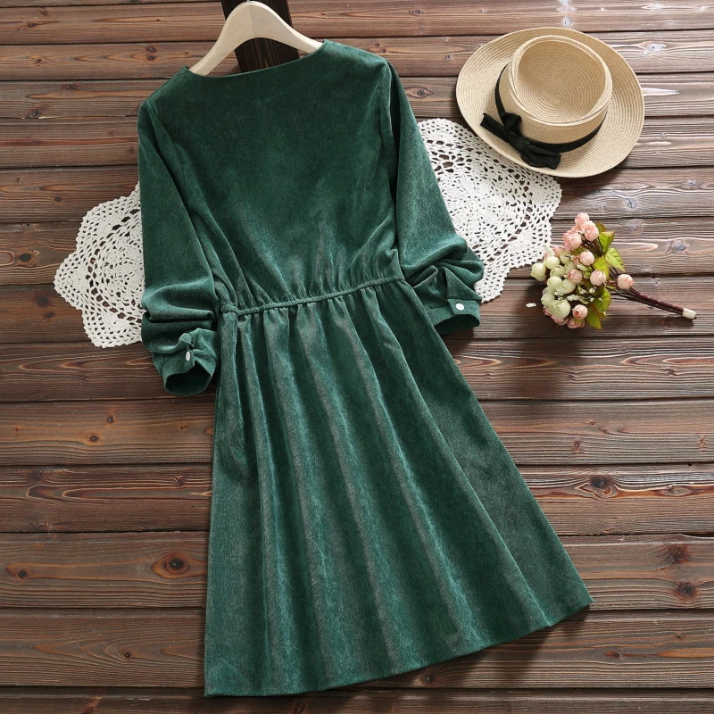 

2021 Mori Girl Spring Autumn Women Sweet Dress Floral Embroidery Elastic-Waisted Feme Robe Elegant Corduory Long Sleeve Dresses