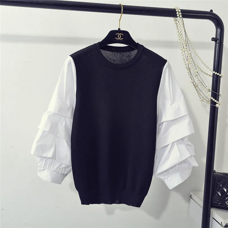 

Women Striped Knitted Pullover Sweaters Patchwork Puff Sleeve O Neck Knitting Sweater Tops