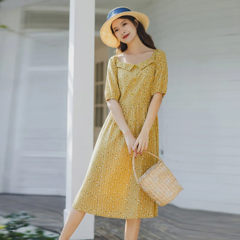 INMAN Summer Elegant White Vintage One Piece Square Collar Reveal Clavicle Shivering Nipped Waist Short Sleeve Floral Dress | Женская