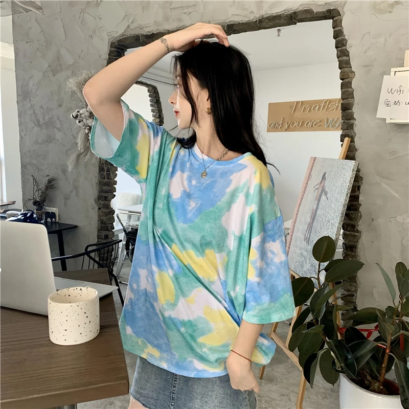 

Tide Street Tie-Dye Women Oversized Short Sleeve Tees Fashion Round-Neck All-Match T-Shirts Girl Chic Summer New Tops Ins Y2K