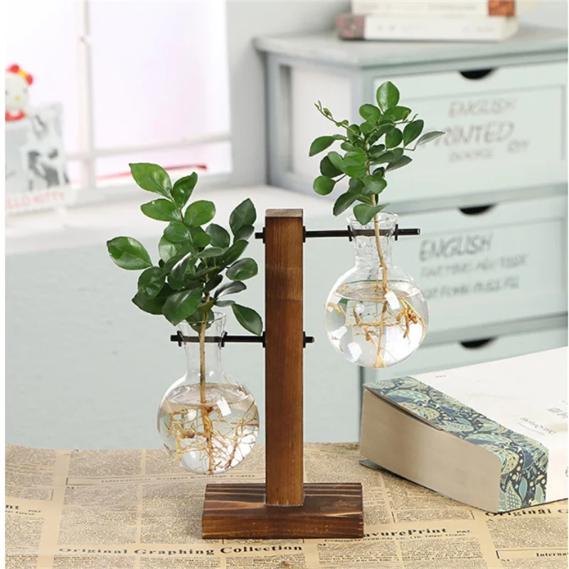 

Terrarium Hydroponic Plant Vases Home Decorations Flower Pot Transparent Vase Wooden Frame Glass Tabletop Plants Bonsai Ornament