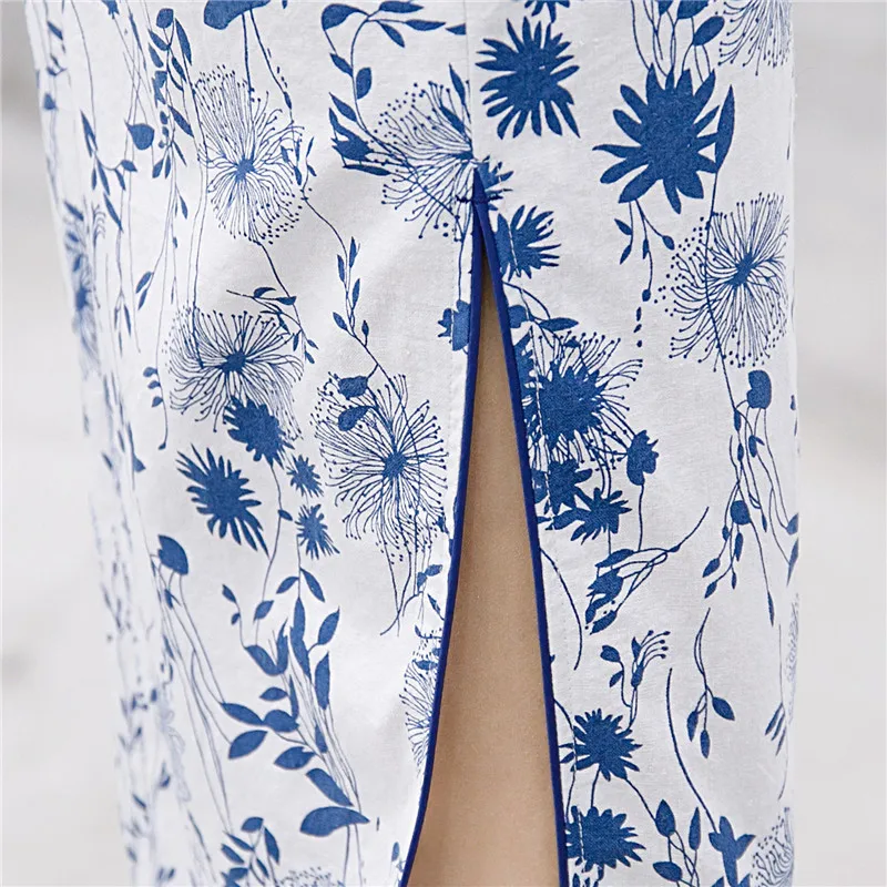 

Short Blue Print Flower Sexy Cheongsam Vestidso Mandarin Collar Elegant Chinese Dress Women High Split Vintage Qipao Oversize