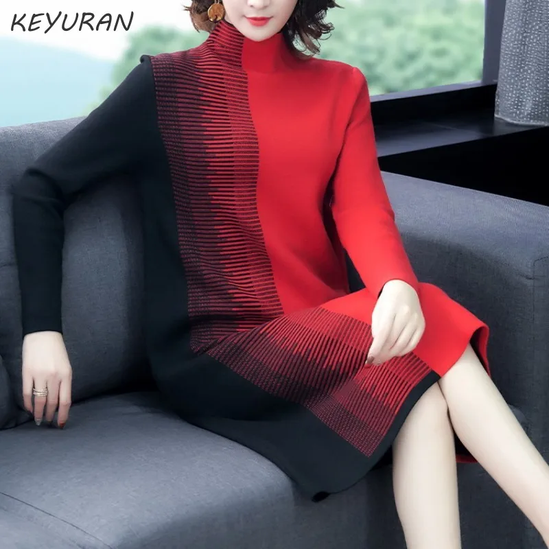 Женское трикотажное лоскутное сексуальное платье свитер с высоким воротом