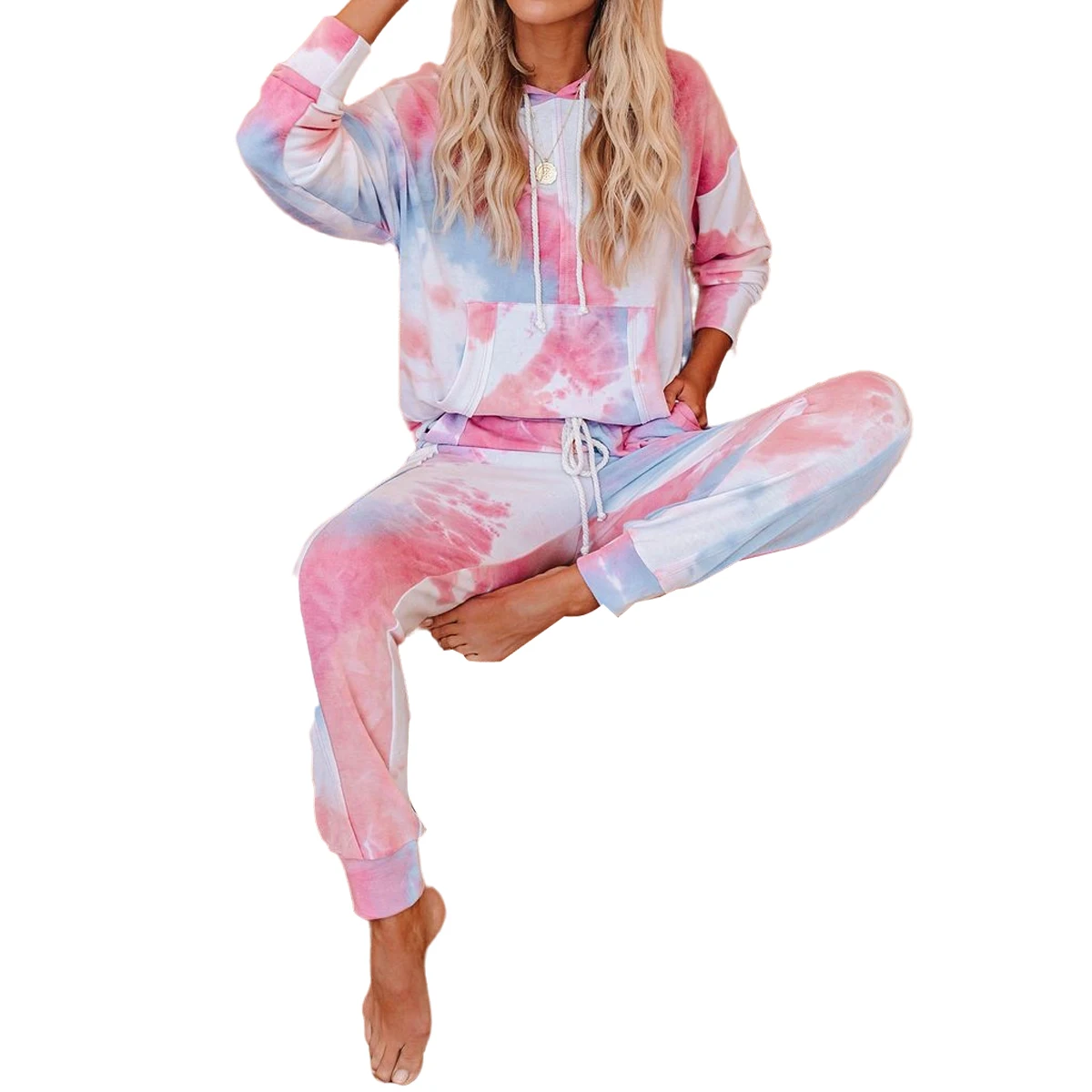 

2 Pcs Women Tie Dye Print Outfits, Long Sleeve Hooded Top Loose Trousers Casual Style Pocket Clothes Set with Drawstring
