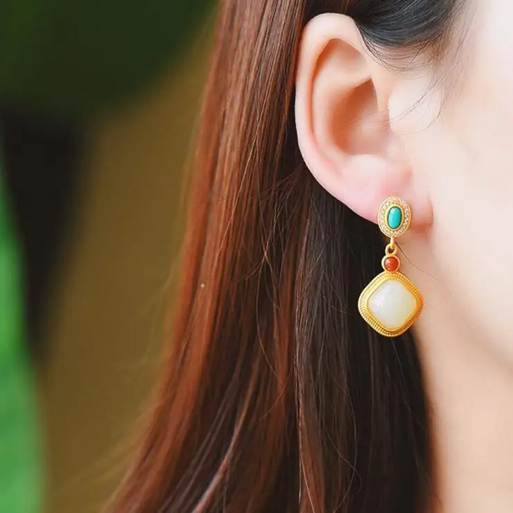 

Silver inlaid natural Hetian white jade earrings Chinese style retro charm unique Bohemian noble women's brand jewelry