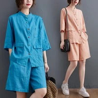 cotton linen suit womens summer loose large size solid stand up collar shirtelastic waist shorts casual tooling two piece aq636