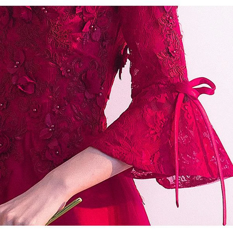 

Evening dress Asian ladies toast dress bride ball round neck flared sleeve wedding dress elegant applique robe Pregnant woman