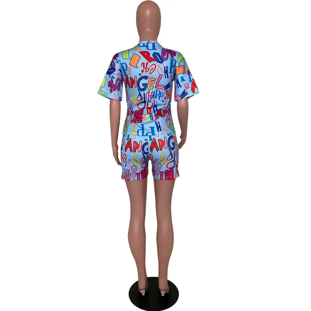 

2020 new casual letter print sports two piece set loose o-neck short sleeve T-shirt and shorts women's set