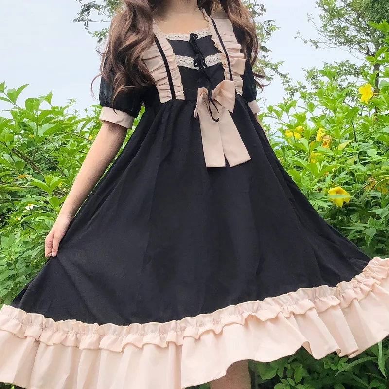 

Japanese Kawaii College Style Sweety Soft Girl Loose Dress Square Collar Ruffles Patchwork Folds Short Sleeve Bow Princess Dress