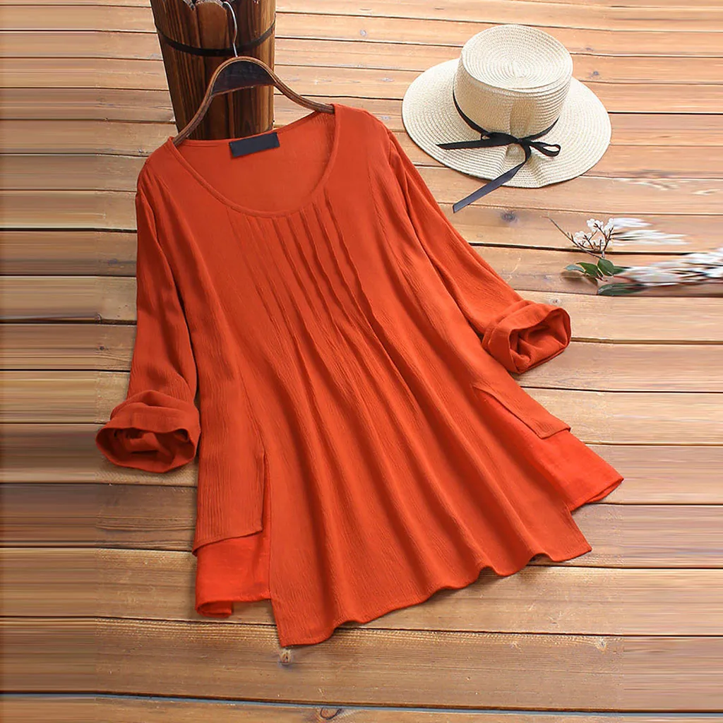 Блузка женская размера плюс с длинным рукавом свободная рубашка круглым вырезом