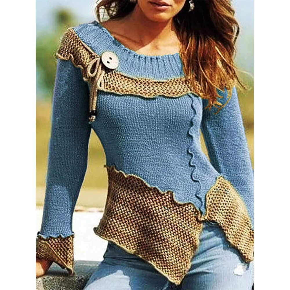 VITIANA Women Knitted Sweater Autumn 2019 Female Long Sleeve Patchwork Button Knit Sweaters Femme Sexy Pullover Tops Sreetwear | Женская