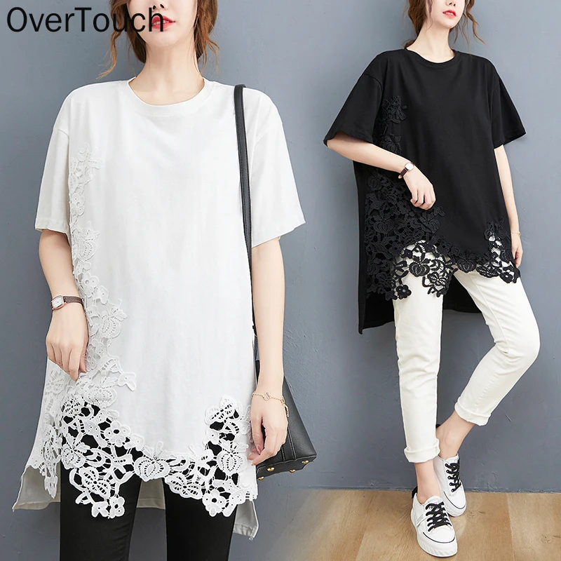 

Summer Plus Size Women T-Shirt Cotton Lace tshirt Fashion Lady Tops Tee Tunic Shirt Loose Casual Black Oversize Clothing