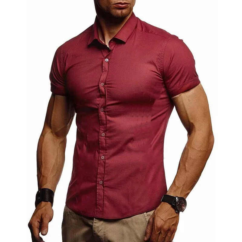 CYSINCOS Men's Slim Fit Shirt Short Sleeve Business Formal Casual Comfortable Solid Button Single Breasted Tops | Мужская одежда