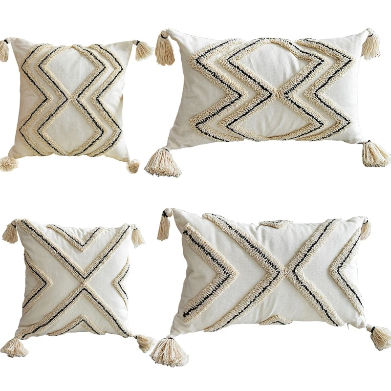 

Minimalist Nordic Style Boho Throw Pillow Case Woven Tufted Geometric Striped Cotton Cushion Cover Shell with Tassel for LXAF