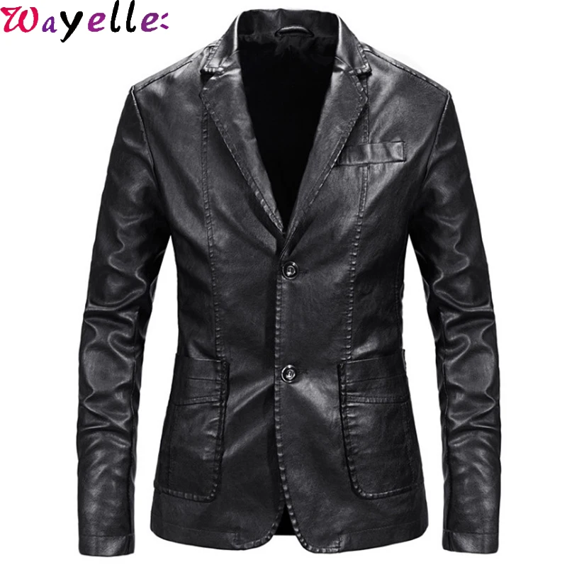 Мужской кожаный блейзер повседневная приталенная куртка из искусственной кожи