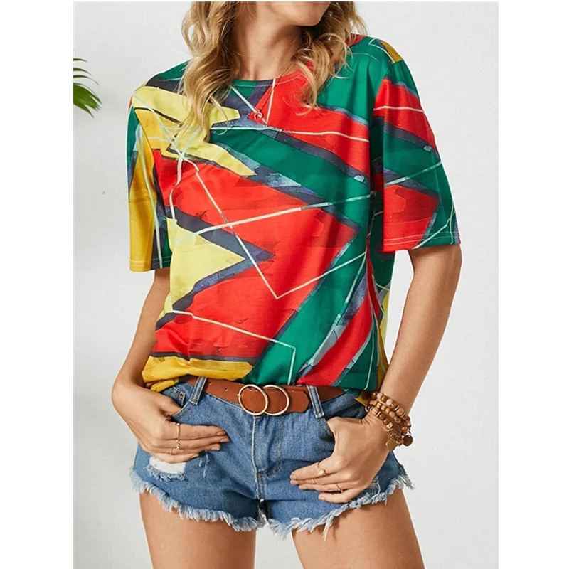 

2021 new round neck printing loose Casual Short Sleeve women's T-shirt Free shipping