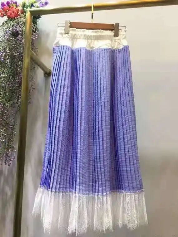 New Korean Fashion Long Skirt High Quality Women Drawstring Waist White Lace Patchwork Mid-Calf Lenght Casual Blue Pleated Skirt