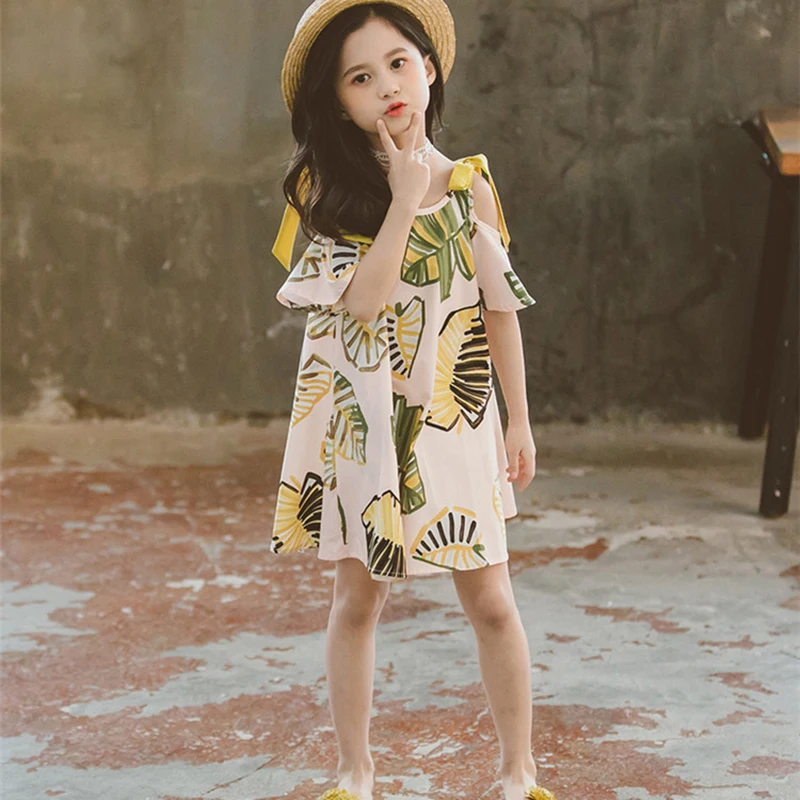 

Casual Kids Clothes for Girls 2020 New Summer Leaves Prints Girls Dress Bow Knee-Length Baby Teens Children Princess Dresses