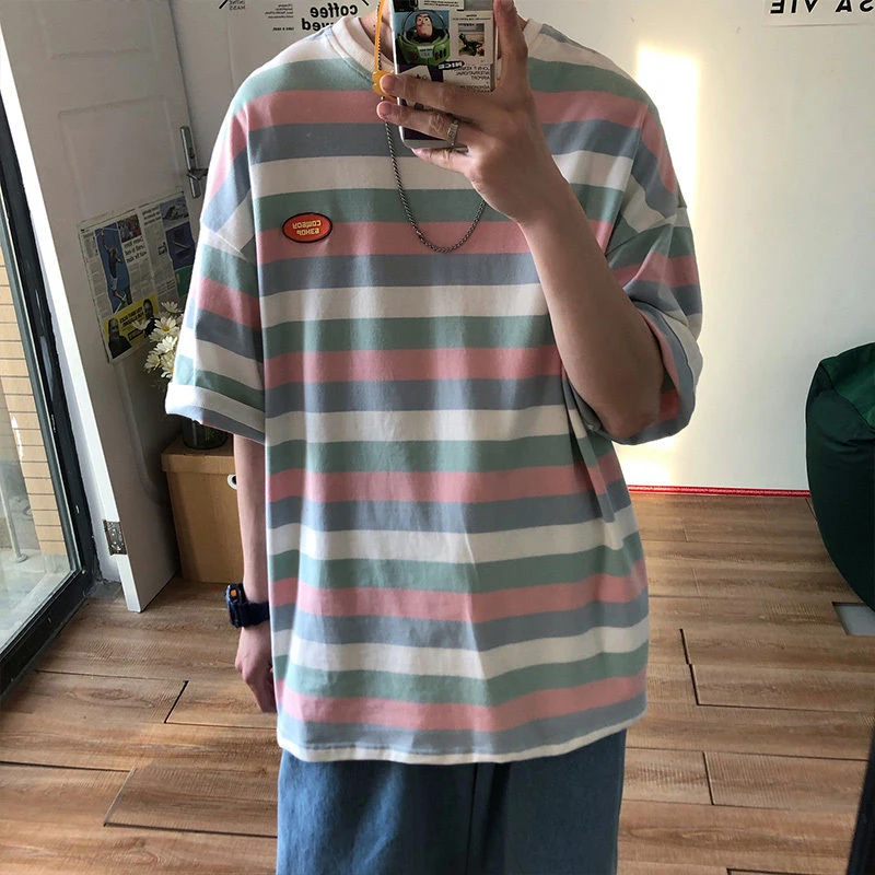 

Summer Striped Cotton t-Shirt College Style Loose New Short-Sleeved Trendy 2021 Clothes Men Casual High Quality Pullover t-Shirt
