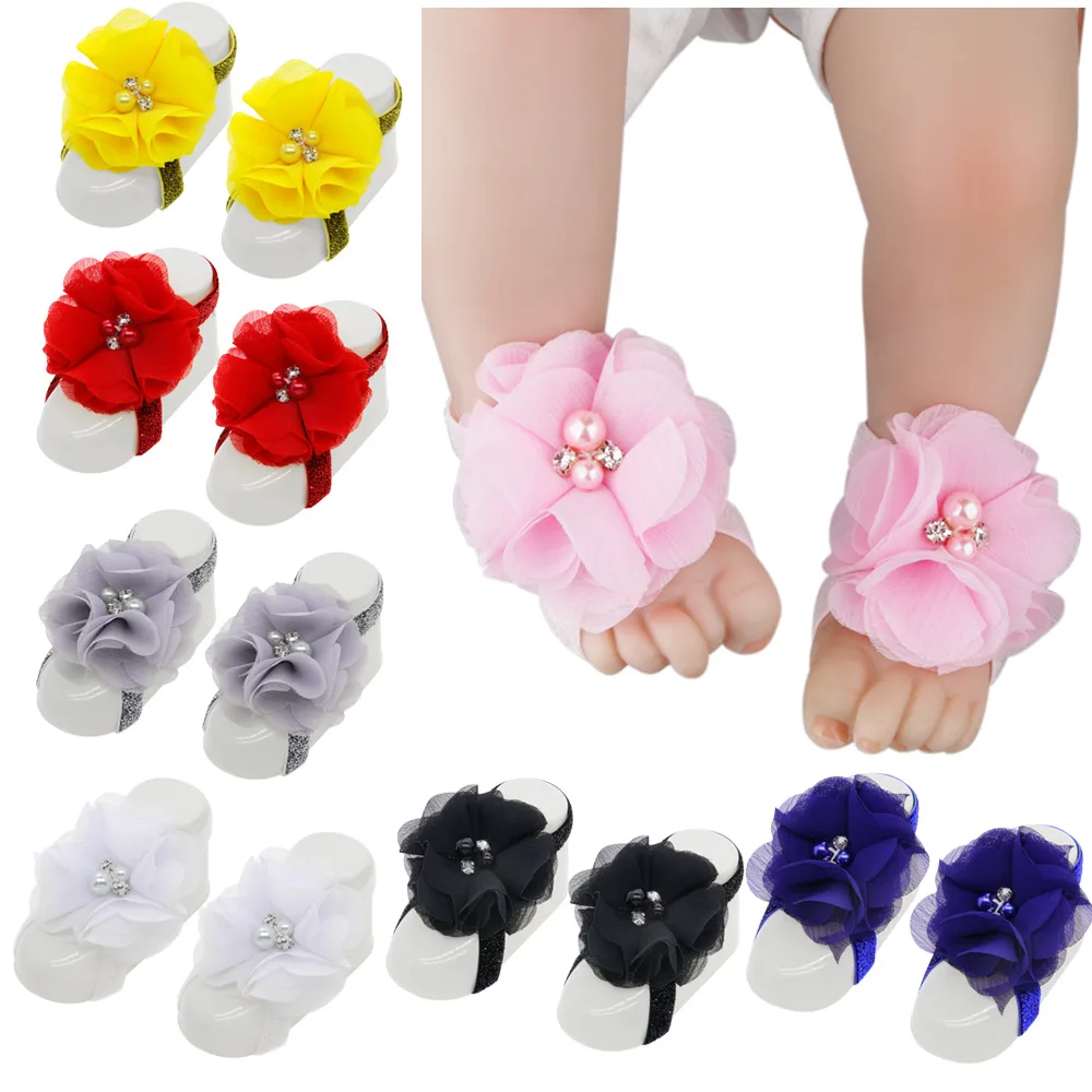 

2pcs/pair Fashion Newborn Toddler Chiffon Artifical Flower Barefoot Sandal Elastic Glitter Head Band Baby Kids Photo Props Gifts