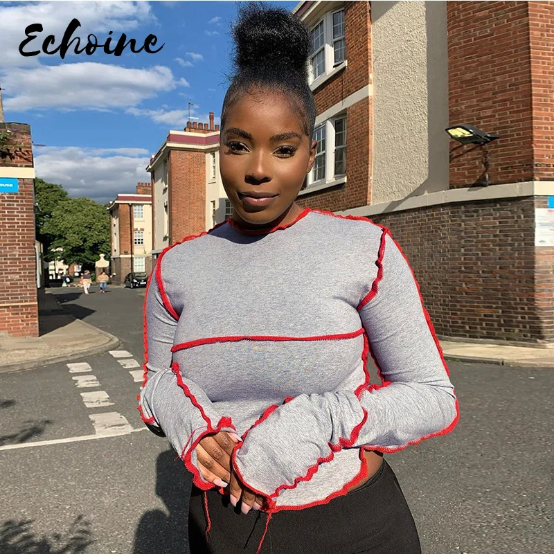 

Echoine Women Striped Patchwork Turtleneck Split T-Shirt Flare Sleeve Neon Casual Asymmetry Streetwear Fashion Autumn Outfits