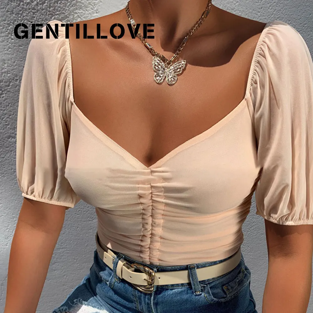 

Gentillove Сексуальная шнурок V образным вырезом шифоновые блузки для женщин элегантное Сетчатое платье-фонарь с длинным рукавом, топы на каждый...