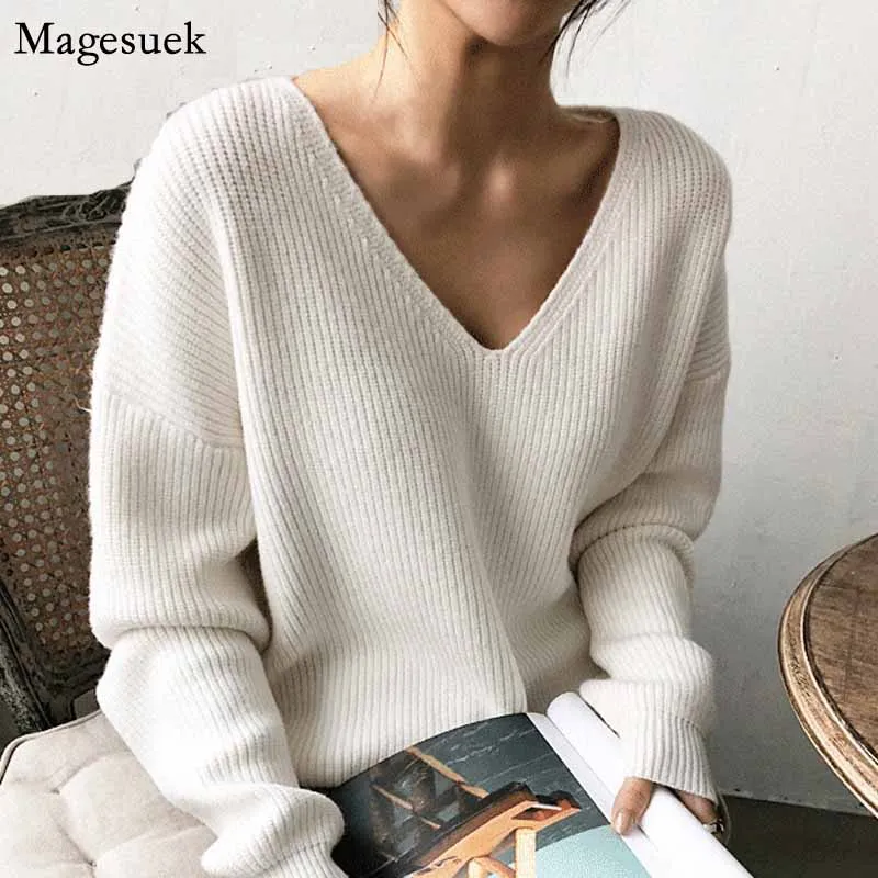 

2020 Winter Korean V-Neck Loose Solid Sweater Women Tops Elegant Pullover Women's Knitwear Bottoming Sweater Pull Femme 10526