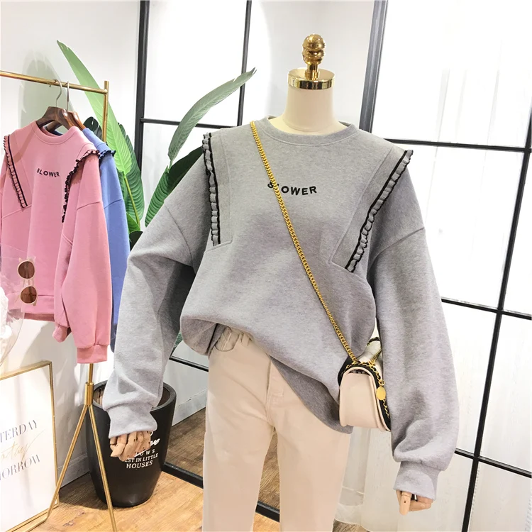 Весенняя Милая Толстовка 2020 пуловер с круглым вырезом и оборками Оверсайз в