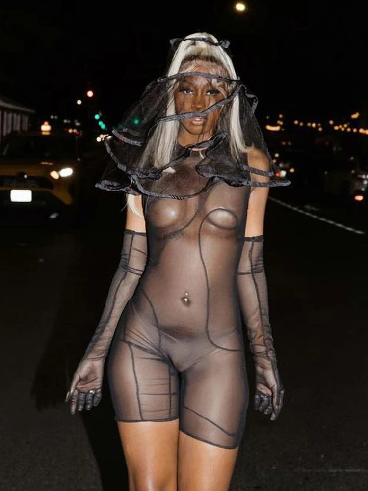 

Sisterlinda Spring Black Sexy Mesh Jumpsuit Women With Sleeves O Neck See through Zipper Bodysuit Party Nightclub Female Rompers
