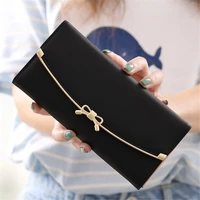 women wallets long bow three fold hasp coin purses female solid color metal edge multifunction card holder clutch money clip