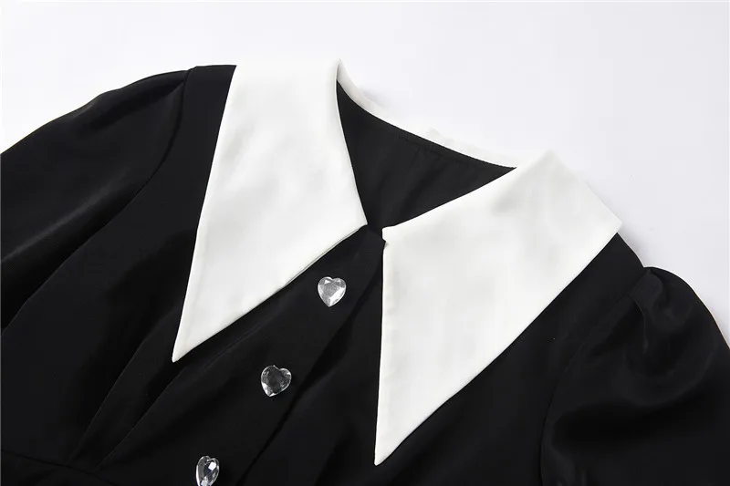 

Fitted Black Dress Women 2021 Spring Summer Mini Dress White Turn-down Collar Crystal Buttons Half Puff Sleeve Dress Vestidos