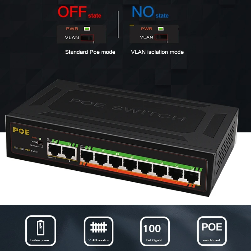 

8+2 Ports POE 100 Mbps Switch with Internal Power Supply Monitoring Camera Wireless VLAN 10-Port POE Switch EU Plug