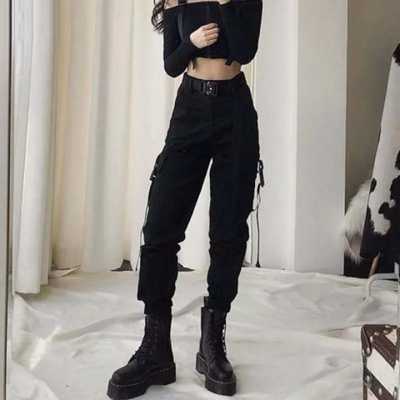 Уличные брюки карго 2020 весенние женские повседневные черные с высокой талией для