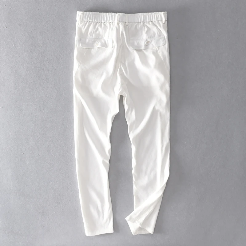 Брюки мужские эластичные до щиколотки брендовые льняные штаны белого цвета