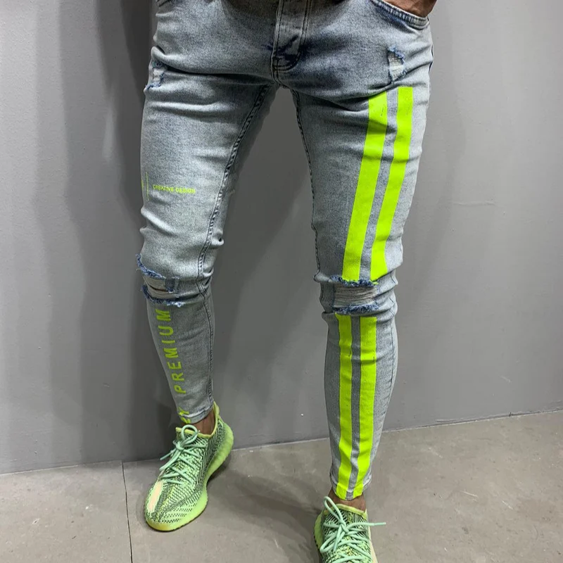

2022 New Printed Jeans Men Stretch Ripped Pencil Pants Jeans Skinny Slim High Quality Casual Pants S-3XL
