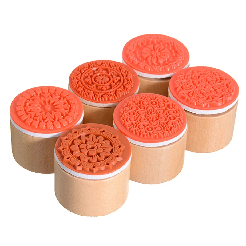 6 шт деревянная круглая Винтаж цветочный узор с резиновым штампом Мандала