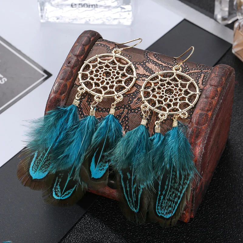 

Bohemian Style Dream Catcher Feather Dangle Earrings Party Long Fringe Drop Hook Earrings Women Fashion Jewelry Gift 5 Colors