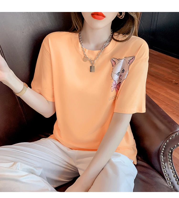 

2021 Euro American New Summer Round Neck Mercerized Cotton Cotton Short Sleeve Hot Drilling Printing Slim White T-Shirt