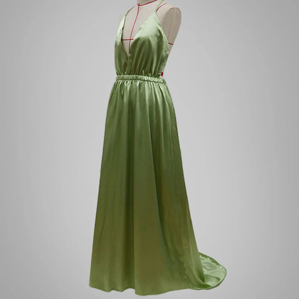 

Fashion Sandy Beach Casual Vacation Summer Dress 2021 Sexy Simple Thin Designer Green V-neck Backless Halter