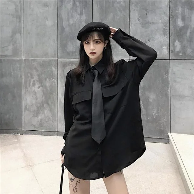 

Black Long-Sleeve Shirt Female Loose Women's Wear Spring and Autumn Tops Women Blusas Ropa De Mujer